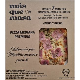 Pizza mediana premium de jamón y queso de fermentación lenta envase 550 g - Mas Que Masa