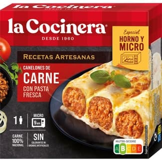 Canelones de carne con pasta fresca para horno o micro 1 ración estuche 280 g - La Cocinera Recetas Artesanas