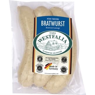 Salchichas Bratwurst cocidas de cerdo en tripa natural para asar 3 piezas envase 270 g sin gluten sin lactosa - Casa Westfalia