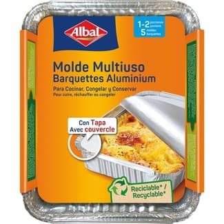 Molde de aluminio multiusos con tapa 14x13 cm 1 o 2 porciones envase 5 unidades - Albal