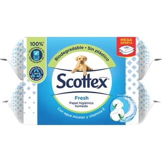 Papel higiénico húmedo Fresh con agua micelar y vitamina E pack 2 paquetes 74 unidades - Scottex