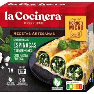 Canelones de espinacas y queso fresco para horno o micro 1 ración estuche 280 g - La Cocinera