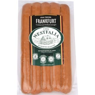 Salchichas Frankfurt cocidas y ahumadas de cerdo sin tripa natural 5 piezas envase 275 g sin gluten sin lactosa - Casa Westfalia