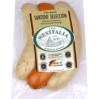 Surtido de salchichas selección cocidas en tripa natural envase 270 g Bratwurst, Bockwurst y Bratwurst sin gluten sin lactosa 3 piezas - Casa Westfalia