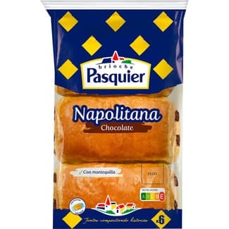Napolitanas de mantequilla rellenas de chocolate 6 unidades bolsa 270 g envasadas individualmente - Pasquier