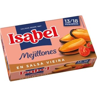 Mejillones en salsa vieira en origen seleccionados 13-18 piezas lata 69 g neto escurrido - Isabel