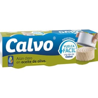 Atún claro en aceite de oliva vuelca fácil pack 3 lata 52 g neto escurrido - Calvo