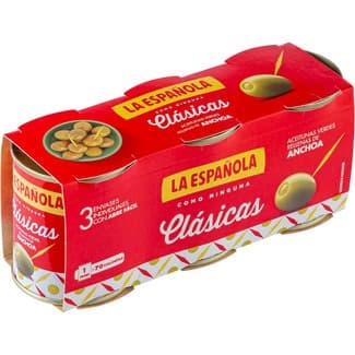 Aceitunas rellenas de anchoa Clásicas pack 3 latas 50 g neto escurrido - La Española