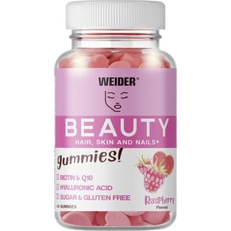 Gummies! Beauty vitaminas Biotin Q10 y ácido hialurónico sabor frambuesa bote 50 unidades sin gluten y sin azúcar - Weider