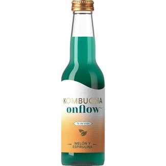 Kombucha de melón y espirulina sin pasteurizar, ecológica, sin gluten y vegana botella 330 ml - Onflow