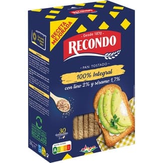Pan tostado 100 % integral con lino y sésamo 30 rebanadas paquete 270 g - Recondo