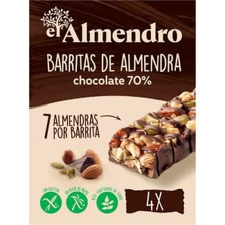 Barritas de almendras y chocolate negro 70% sin gluten y sin aceite de palma estuche 100 g 4 unidades - El Almendro