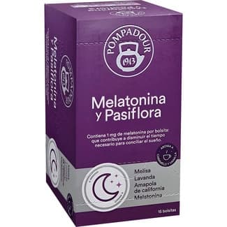Infusión de melatonina, pasiflora, melisa, lavanda y amapola de California estuche 15 bolsitas con aroma de caramelo y vainilla - Pompadour