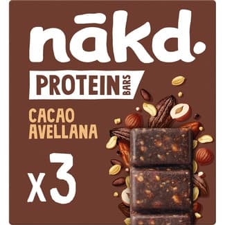 Barritas proteicas de fruta y frutos secos con cacao y avellanas 3 unidades envase 135 g - Nakd Protein