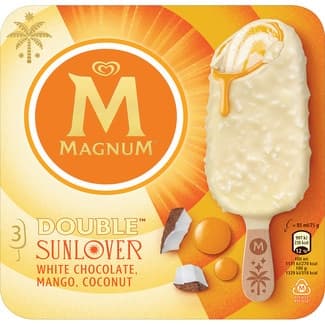 Double Sunlover helado de chocolate blanco con mango y coco sin gluten 3 unidades estuche 255 ml - Magnum