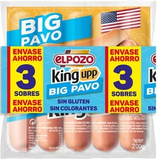King upp big salchichas cocidas de pavo sabor ahumado sin gluten pack 3 x 200 g envase 600 g - Elpozo