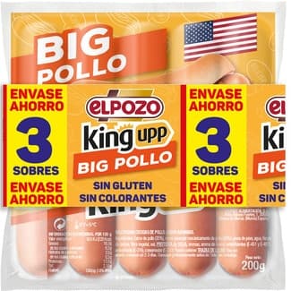 Big Pollo salchichas cocidas de pollo sabor ahumado sin gluten pack 3 x 200 g envase 600 g - Elpozo