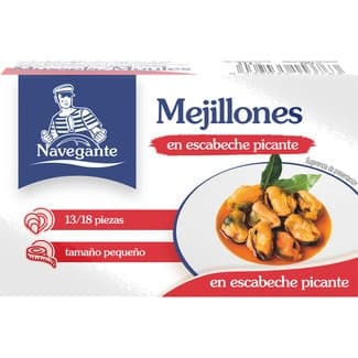 Mejillones en escabeche picantes 13-18 piezas lata 69 g neto escurrido - Navegante