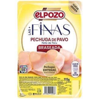 Las + Finas pechuga de pavo braseada bajo en grasa en lonchas sin gluten sin lactosa envase 115 g - Elpozo