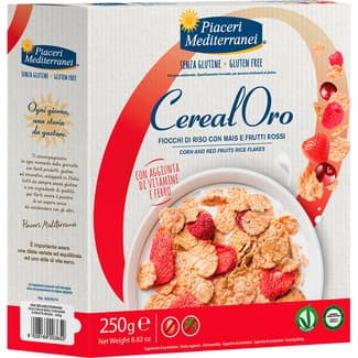 Cereal Oro cereales de arroz y maíz con frutas rojas sin gluten y sin aceite de palma envase 250 g - Piaceri Mediterranei