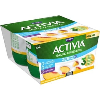 Triple Zero bífidus con trozos de melocotón desnatado 0% m.g. 0% azúcares añadidos pack 4 unidades 120 g sin gluten sin lactosa - Danone Activia