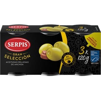 Aceitunas rellenas de anchoa pack 3 latas 50 g neto escurrido - Serpis Gran Seleccion