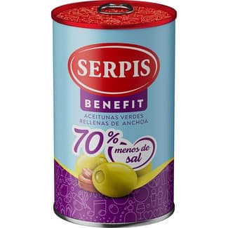Benefit aceitunas rellenas de anchoa con 75% menos sal lata 130 g neto escurrido - Serpis