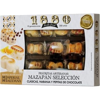 Selección figuras de mazapán surtidas clásicas, naranja y pepitas de chocolate estuche 205 g receta Imperial Toledana - 1880