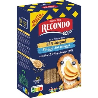 Pan tostado 85% integral sin sal y sin azúcar 30 rebanadas paquete 270 g - Recondo