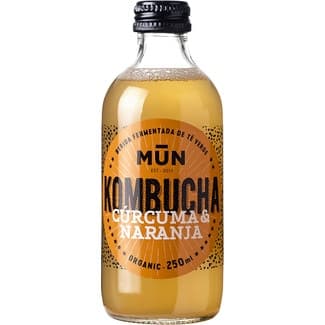 Kombucha bebida fermentada de té verde con cúrcuma y naranja ecológica, sin gluten botella 250 ml vegana y  baja en azúcar - Mun