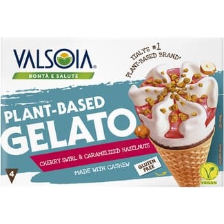 Conos de helado vegano de anacardos con cereza negra y avellanas caramelizadas envase 300 g sin gluten y sin lactosa 4 unidades - Valsoia