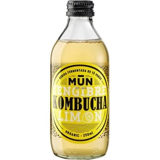 Kombucha bebida fermentada de té verde sabor jengibre limón ecológica, sin gluten y vegana botella 250 ml baja en azúcar - Mun