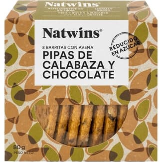 Barritas con avena y espelta, semillas de calabaza y chocolate sin azúcar añadido envase 80 g - Natwins