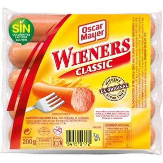 Wieners Classic salchichas cocidas de cerdo y pollo sabor ahumado 5 piezas envase 200 g sin gluten sin lactosa - Oscar Mayer
