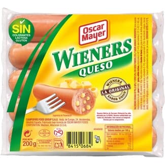 Wieners salchichas cocidas de cerdo y pollo con trozos de queso sabor ahumado 5 piezas envase 200 g sin gluten - Oscar Mayer