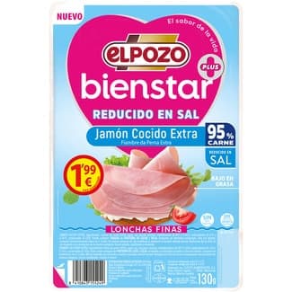 BienStar jamón cocido extra bajo en grasa reducido en sal en lonchas finas sobre 130 g sin gluten y sin lactosa - Elpozo