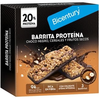 Barritas proteicas con chocolate negro, cereales y frutos rojos 3 unidades estuche 72 g - Bicentury