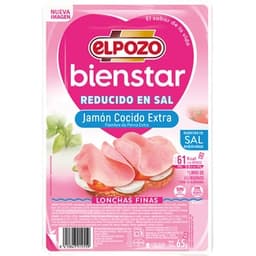BienStar jamón cocido extra bajo en grasa reducido en sal en lonchas finas envase 65 g sin gluten sin lactosa - Elpozo