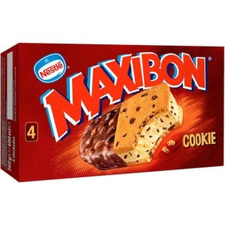 Cookie sándwich de galleta con helado de vainilla y trocitos de chocolate 4 unidades estuche 600 ml - Nestle Maxibon