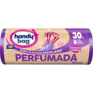 Bolsas de basura reciclada resistente Perfumada 55x63 30 litros para cubo cocina normal rollo 12 unidades - Handy Bag