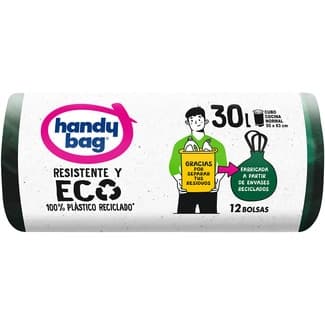 Bolsas de basura resistente y eco 100% plástico reciclado 55x63 cm 30 litros rollo 12 unidades para cubo normal - Handy Bag