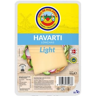 Queso light danés havarti de vaca IGP en lonchas envase 180 g elaborado con leche pasteurizada - Oro De Holanda