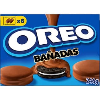 Galletas de chocolate rellenas de crema bañadas de chocolate con leche paquete 246 g 6 bolsitas de 2 unidades - Oreo
