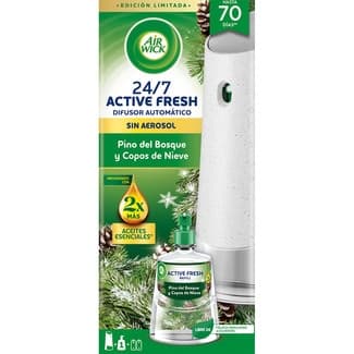 Ambientador difusor automático Active Fresh Pino del Bosque y Copos de Nieve 24/7 aparato + recambio sin aerosol con aceites esenciales - Air Wick