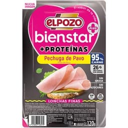 Bienstar + Proteínas pechuga de pavo sin grasa sin azúcares en lonchas finas envase 120 g sin gluten sin lactosa - Elpozo
