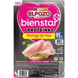 Bienstar + Proteínas pechuga de pavo sin grasa sin azúcares en lonchas finas envase 120 g sin gluten sin lactosa - Elpozo