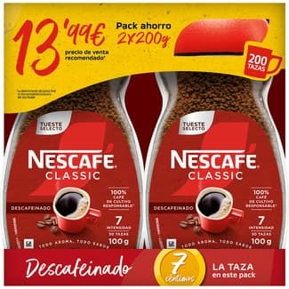 Café soluble descafeinado pack 2 frasco 200 g - Nescafe Classic