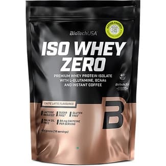 Iso Whey Zero 100% bebida de proteínas en polvo con sabor a café latte sin gluten bolsa 454 g sin azúcar y sin aceite de palma - Biotech Usa