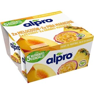 Especialidad vegetal de soja 2 melocotón + 2 piña con fruta de la pasión pack 4 unidades 125 g sin gluten sin lactosa - Alpro