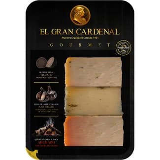 Tabla de quesos 1 cabra trufado 1 cabra y vaca con ajo trufado y oveja y vaca ahumado envase 300 g